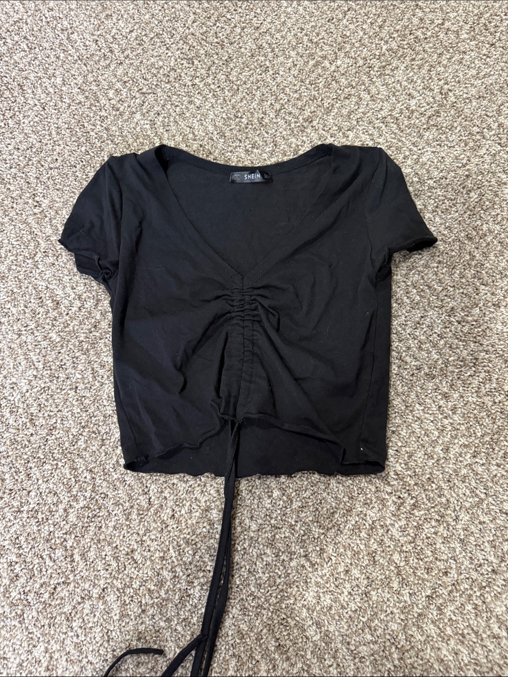 SHEIN Black V-Neck Ruched Drawstring Crop Top